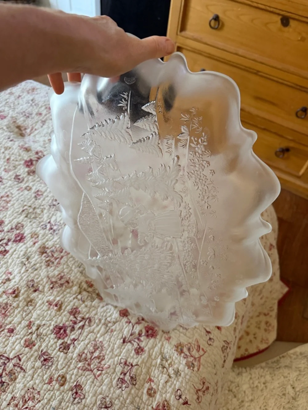 Etched White Milk Glass Scalloped Christmas Serving platter